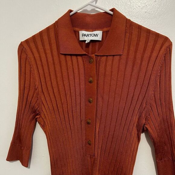 Partow Rust Orange Hendrix Ribbed Short Sleeve Polo Collared Size M Italy - Picture 2 of 10